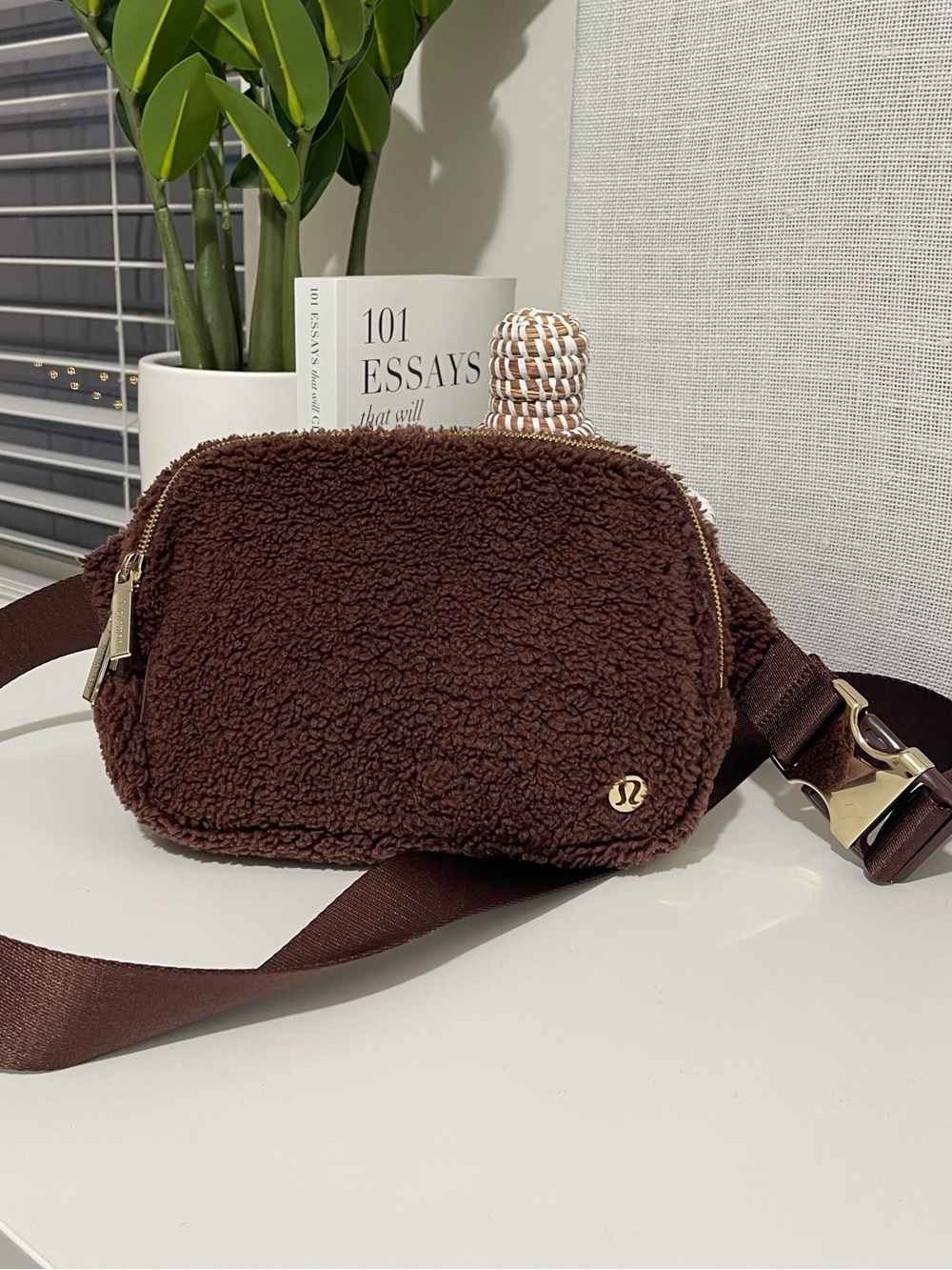LULULEMON boucle brown belt crossbody bag workout travel fuzzy